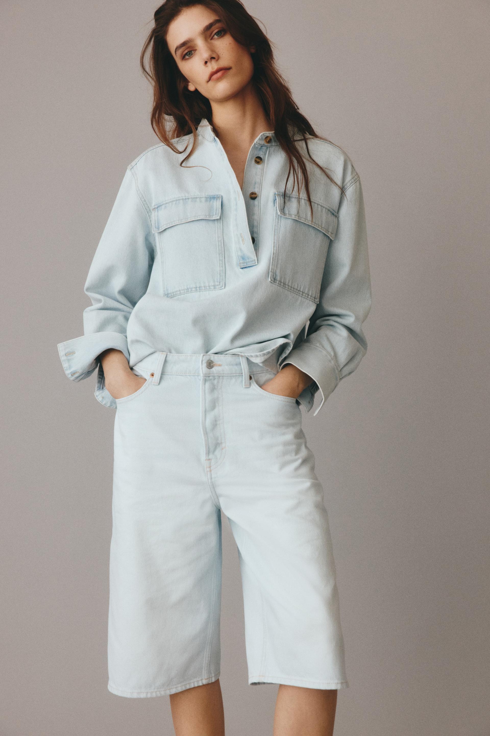 high-waist knee-length denim shorts
