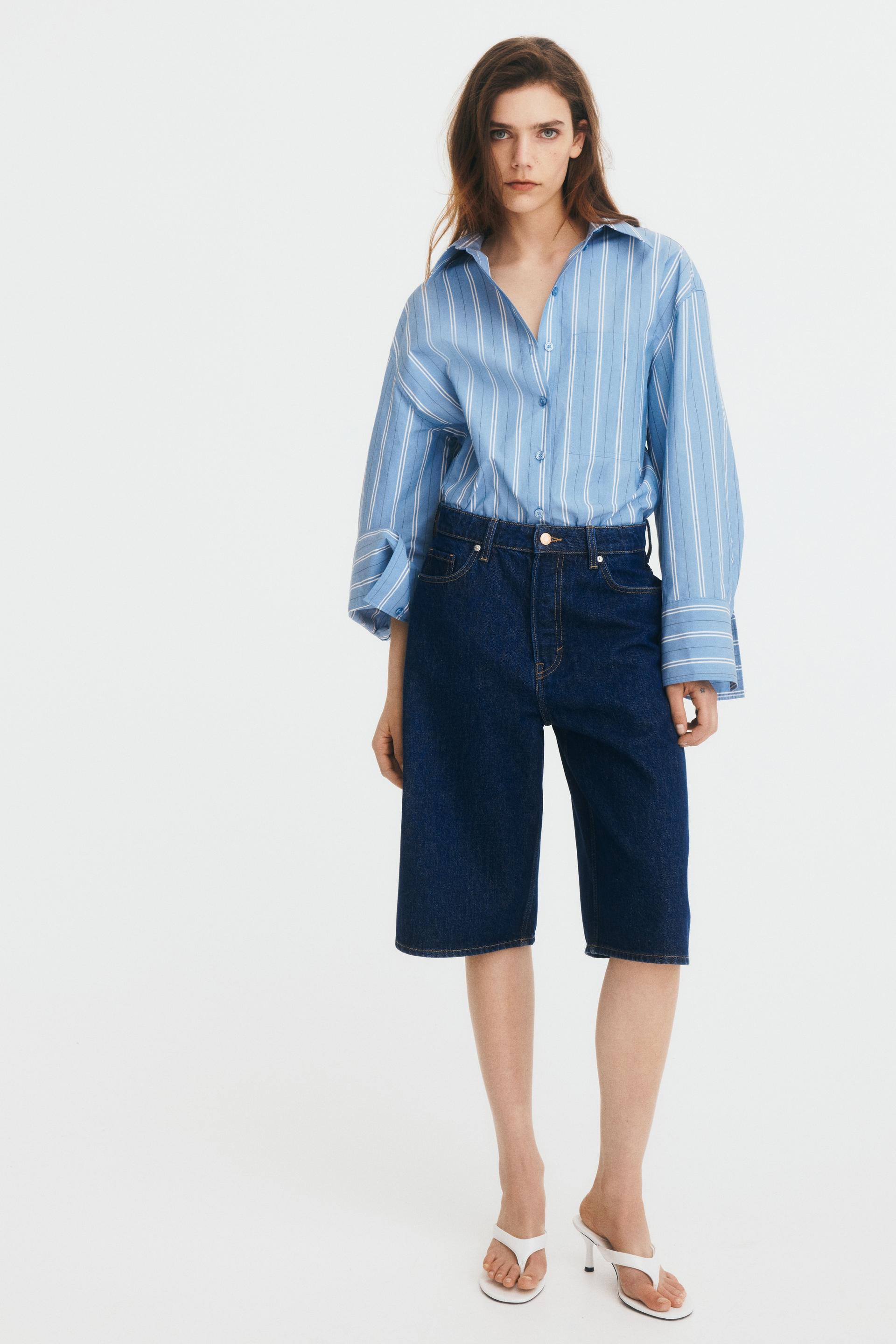 high-waist knee-length denim shorts