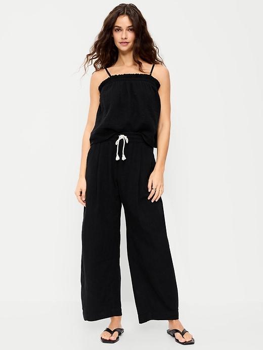high-waisted crinkle gauze barrel ankle pants