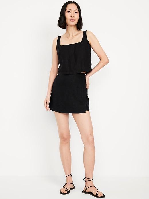 high-waisted faux-wrap linen-blend mini skort