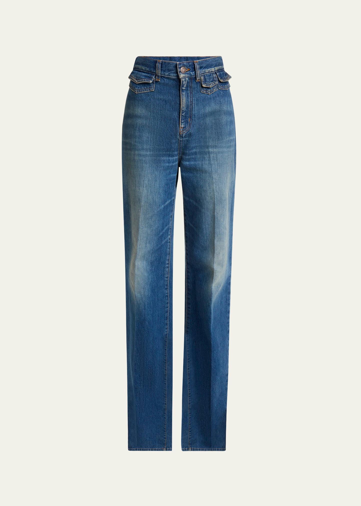 high-waisted flared jeans with flap pockets