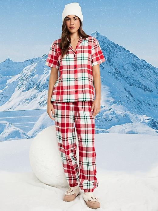 high-waisted printed flannel pajama jogger for women