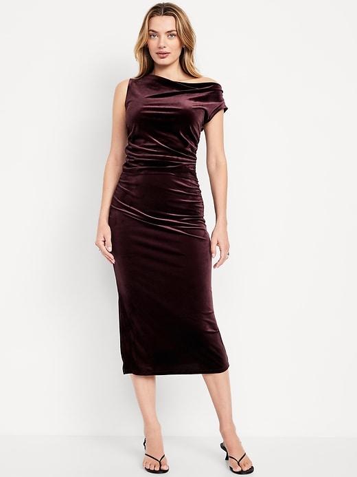 high-waisted ruched velvet midi skirt