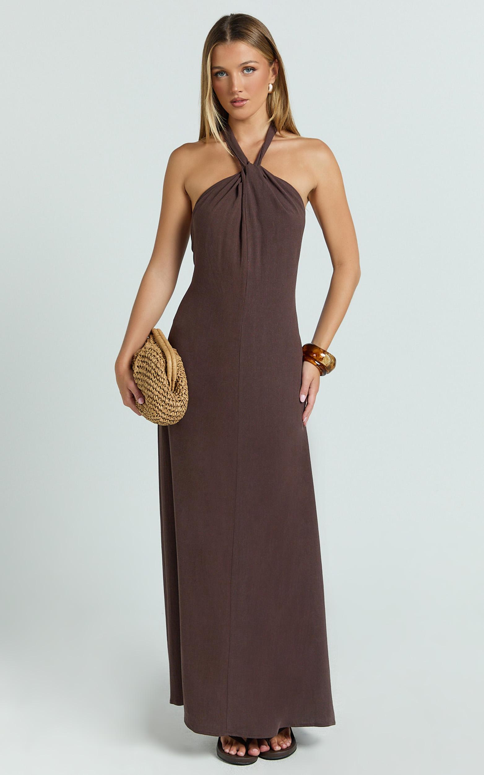 hilda maxi dress - knot detail halter neck maxi dress in chocolate