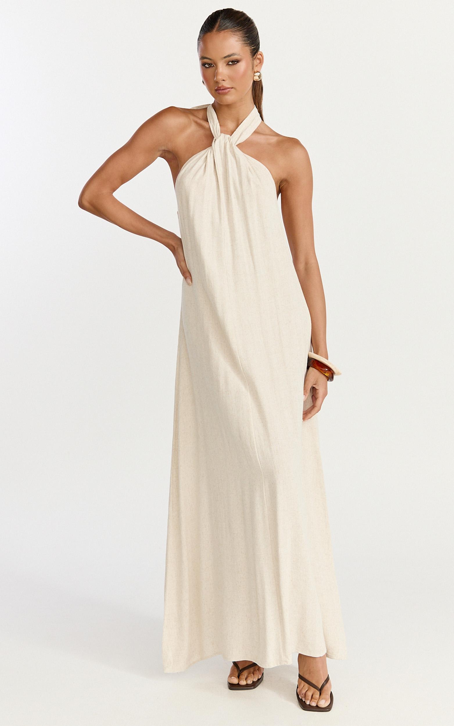 hilda maxi dress - knot detail halter neck maxi dress in natural