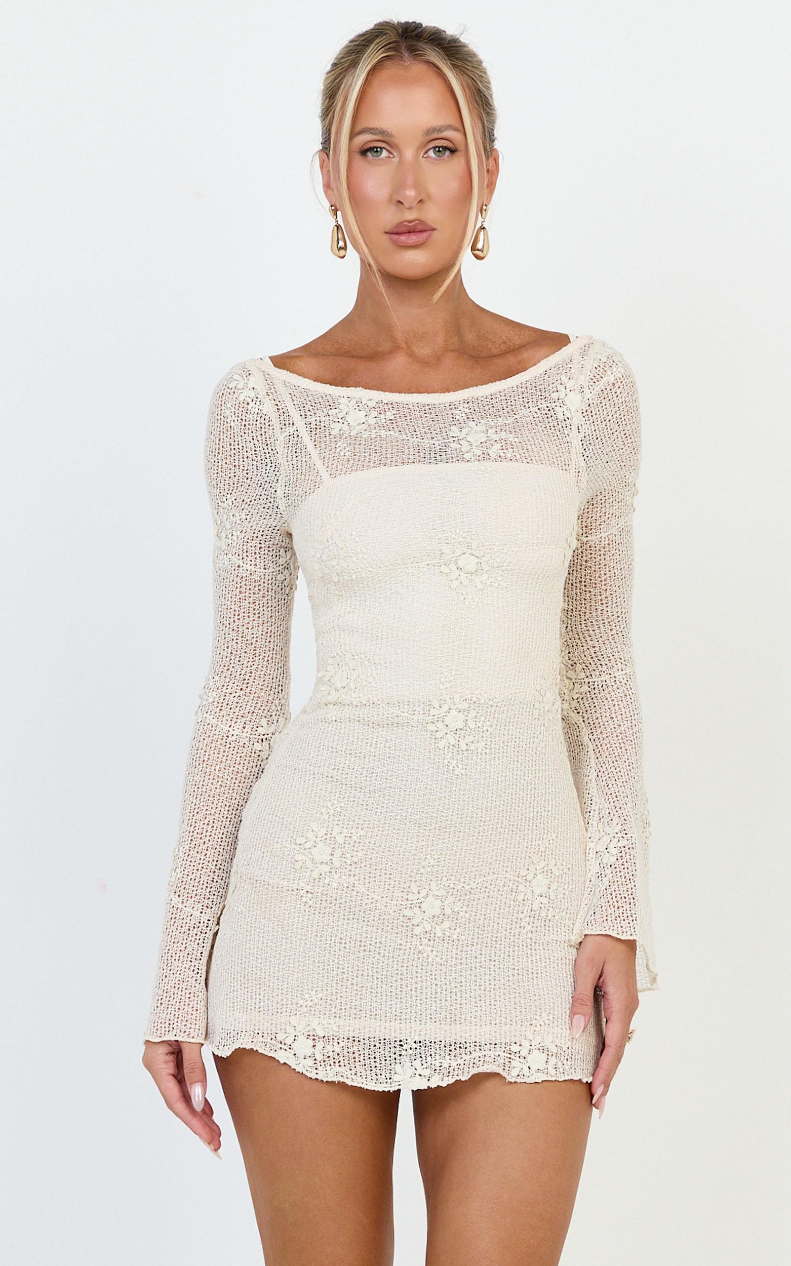 hinata mini dress - crochet flared sleeve fit and flare dress in ivory