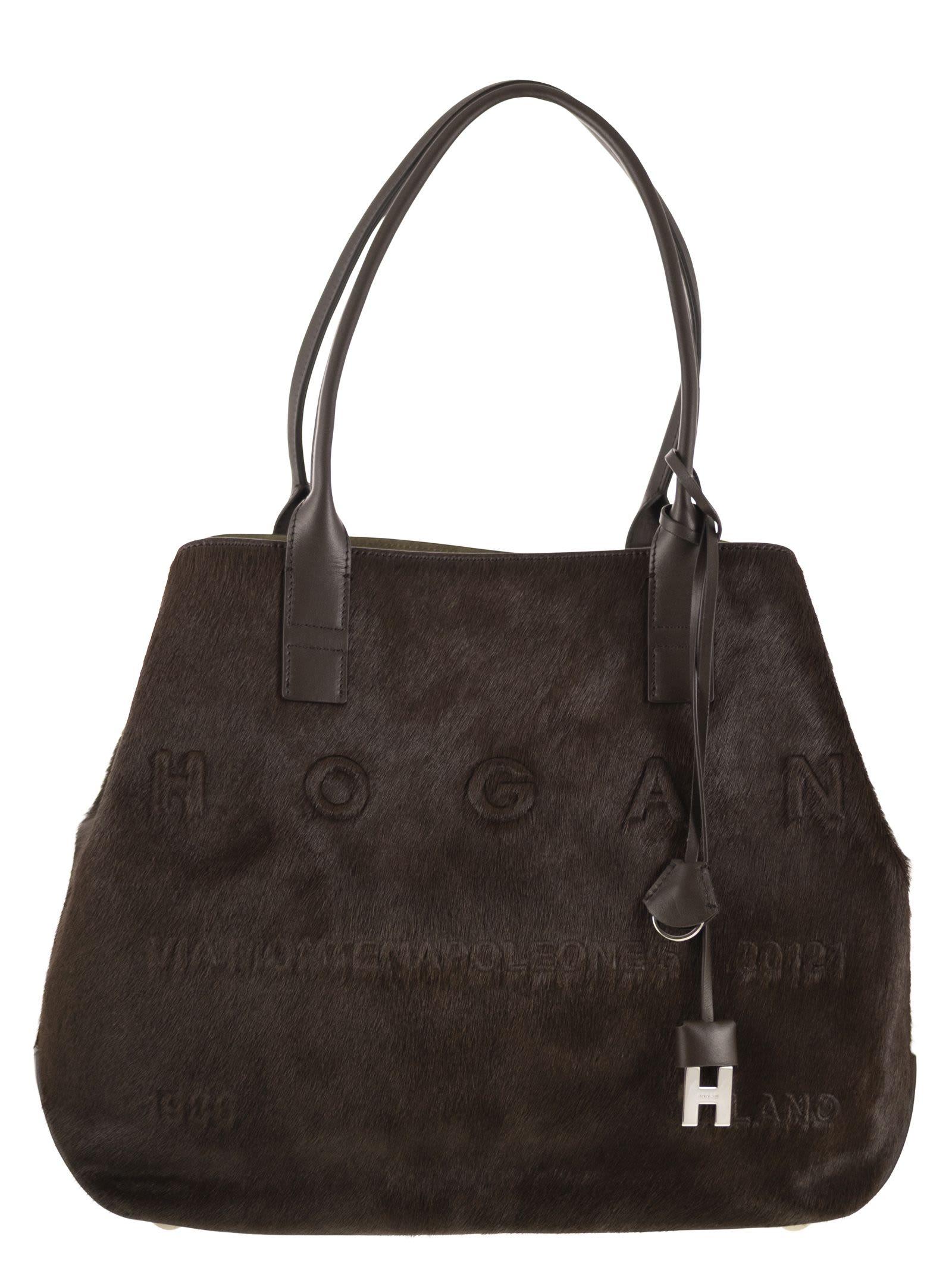 hogan medium script shopping bag in pony-effect leather