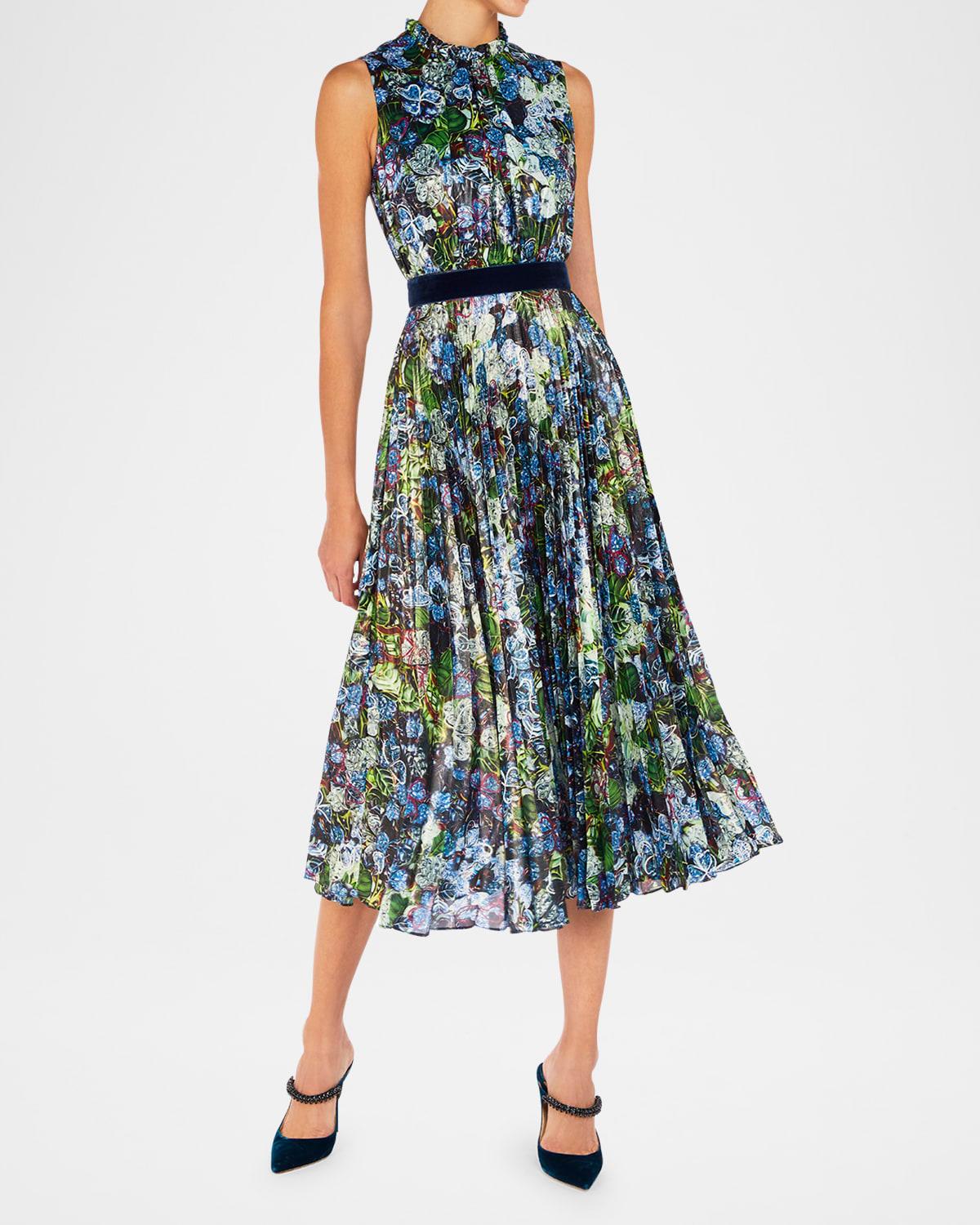 hollie clover lapis-print pleated lame midi dress