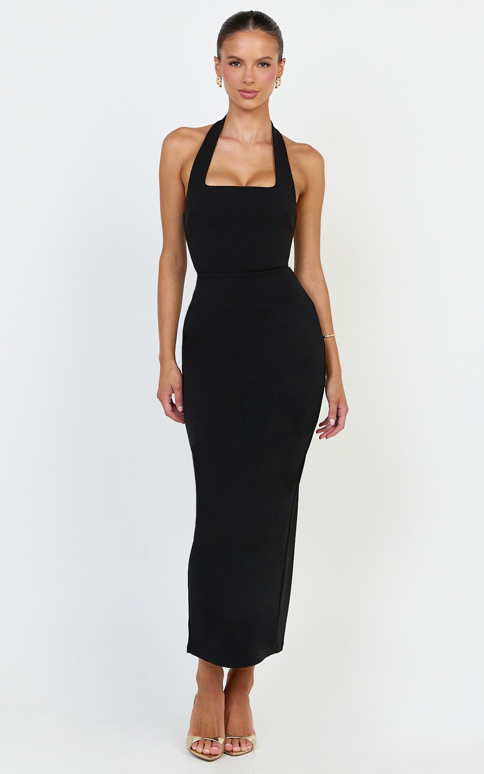 holly midi dress - halter neck column dress in black