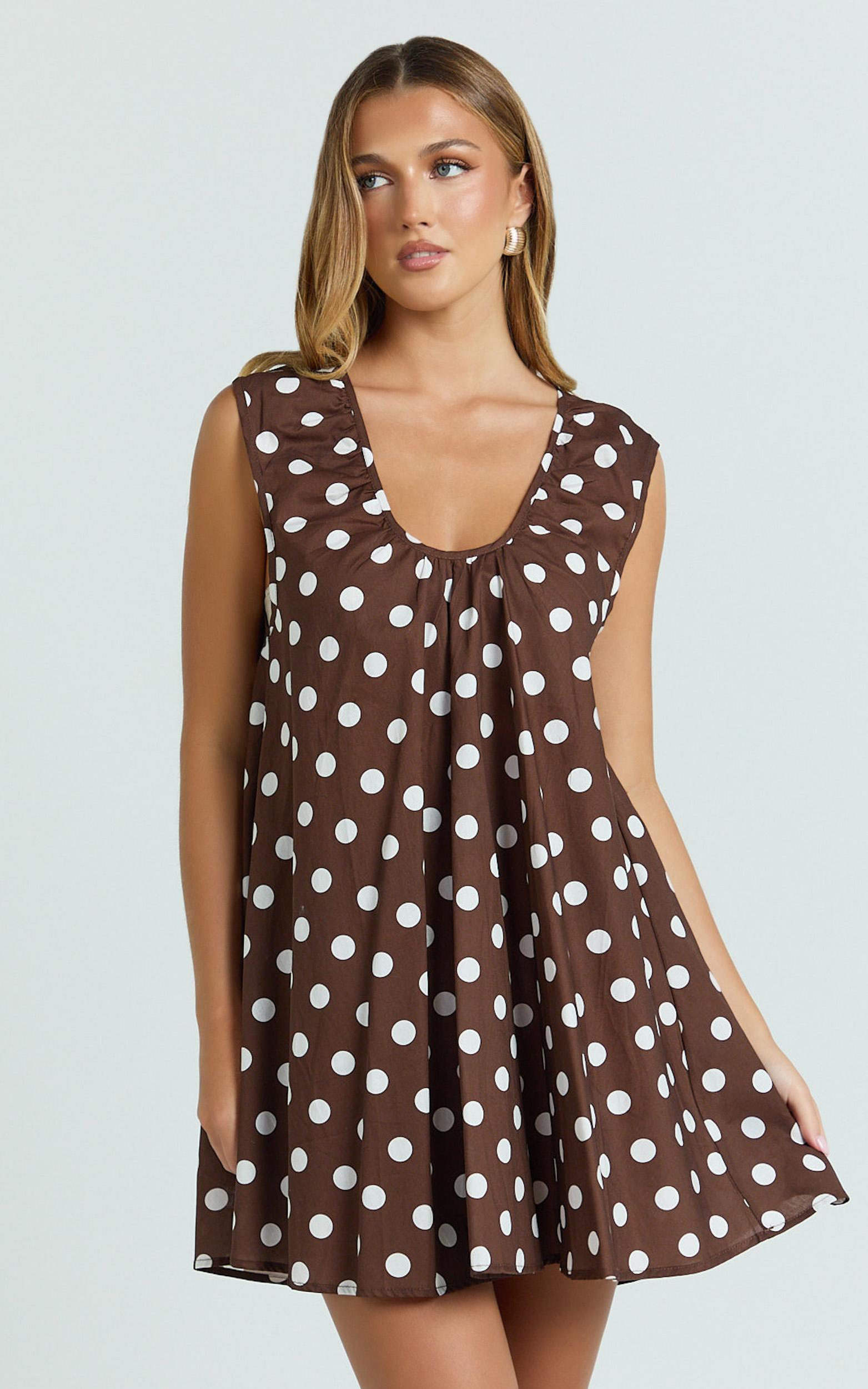 holly mini dress - v neck dress in chocolate spot