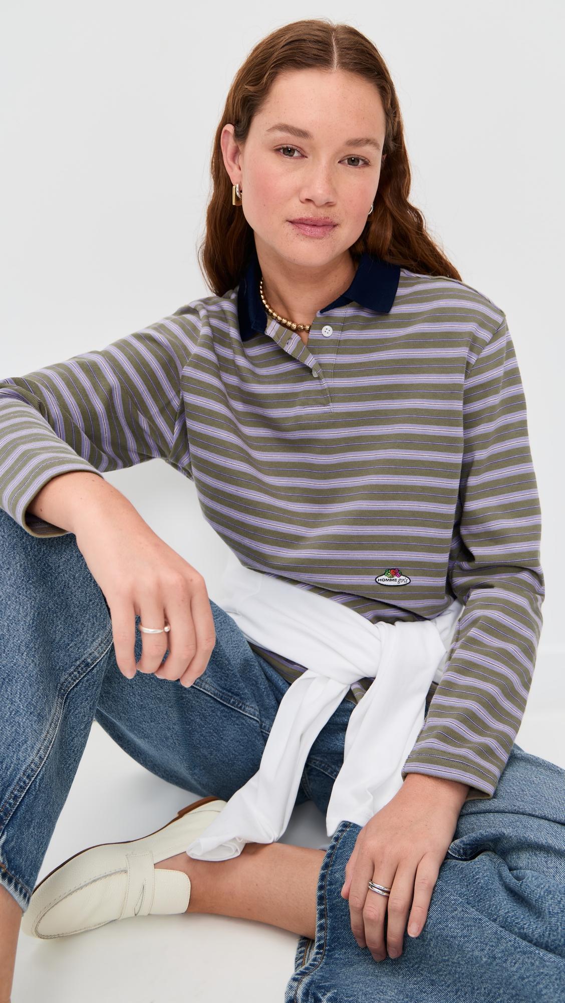 homme girls x fruit of the loom striped long sleeve polo