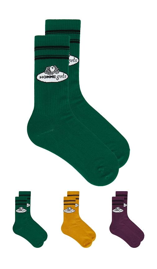 hommegirls x fruit of the loom crew socks 3-pack in green,mustard.