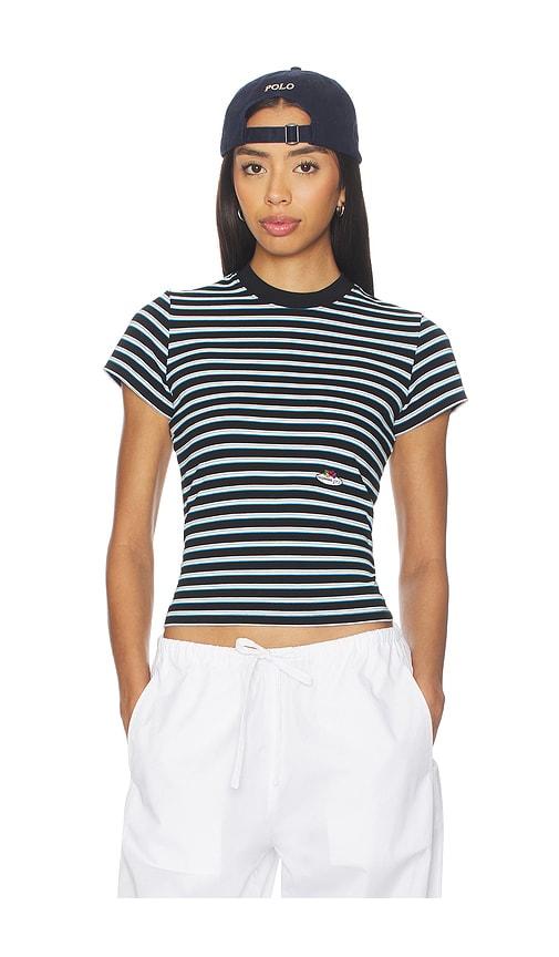 hommegirls x fruit of the loom striped baby tee in baby blue with printed fruit clusters in black,blue.