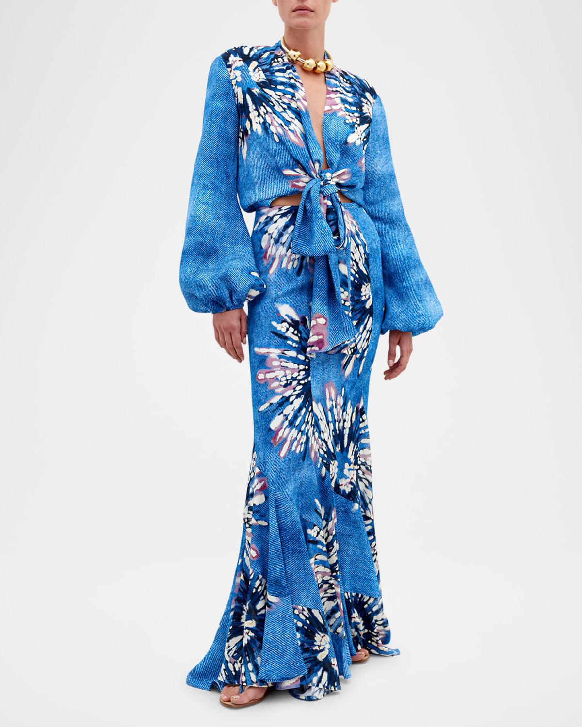 honey flower-print long-sleeve tie blouse