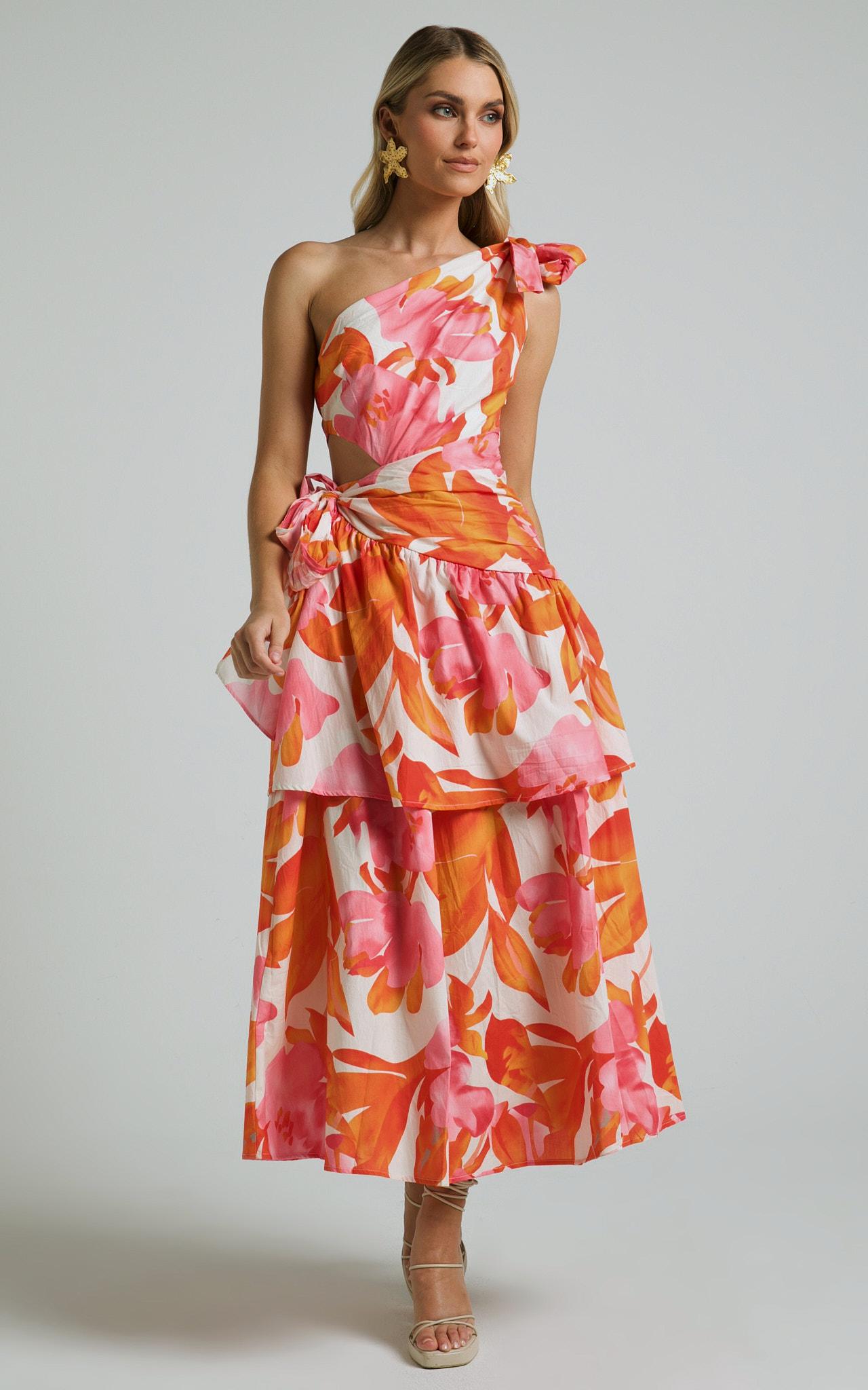 honolulu midi dress - one shoulder tiered dress in orange floral