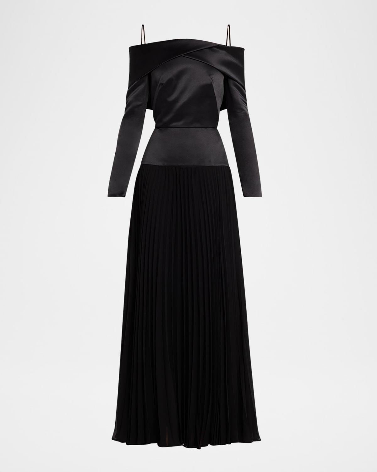 honor pleated off-shoulder chiffon & satin gown