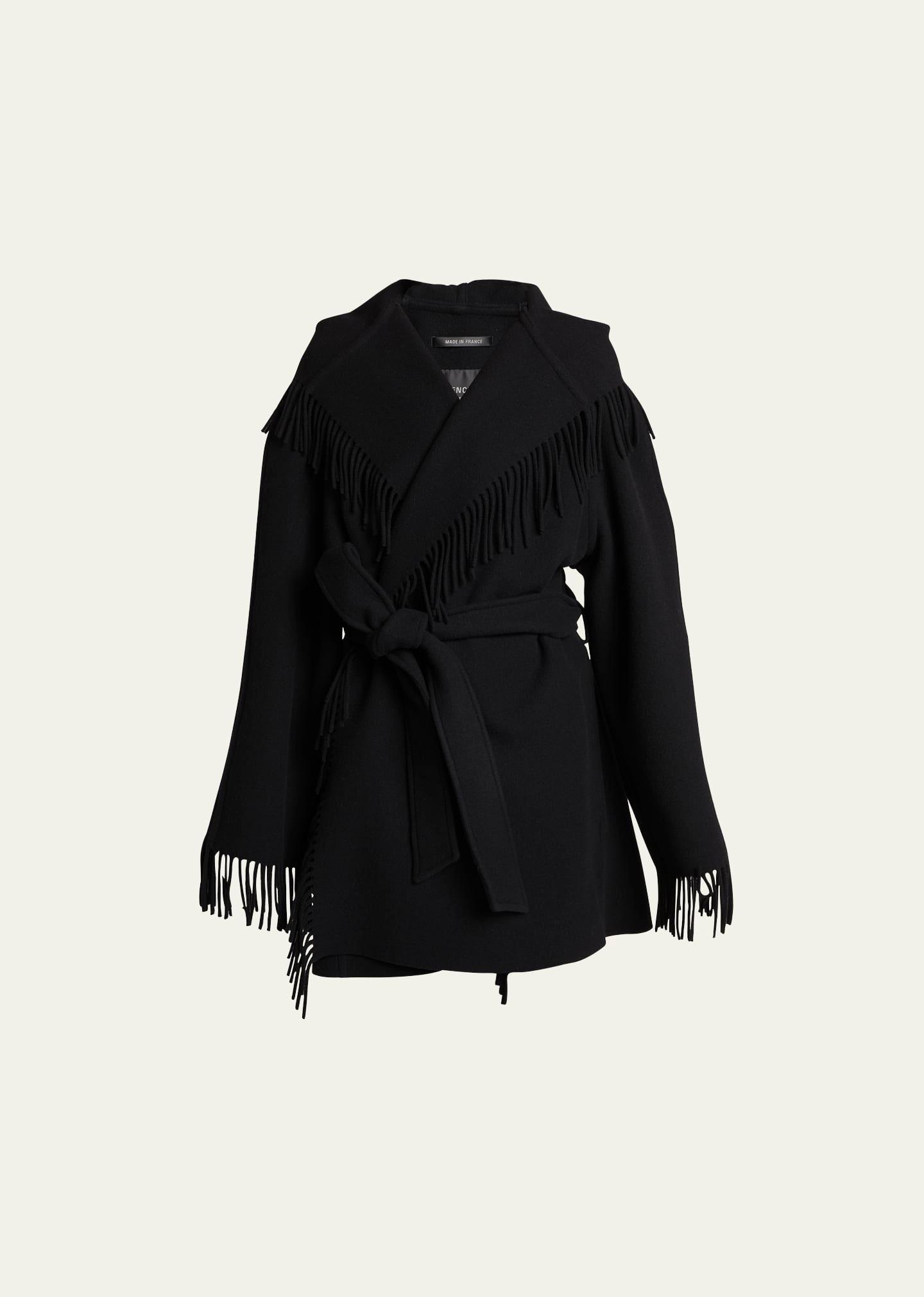 hooded fringe oversized self-tie wool jacket