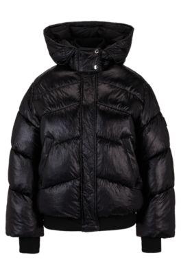 hooded puffer jacket with metallic effect- black women's casual jackets
