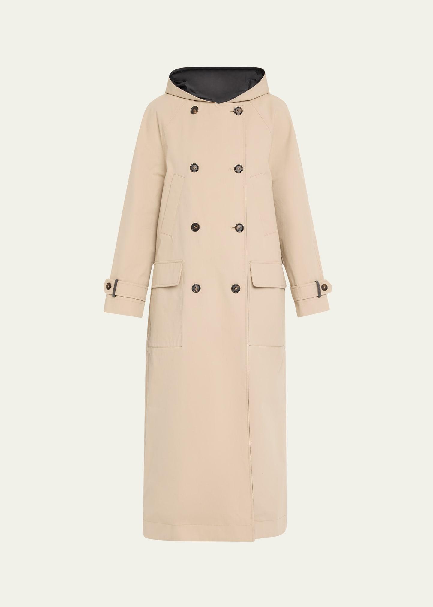 hooded techno canvas double-breasted trench