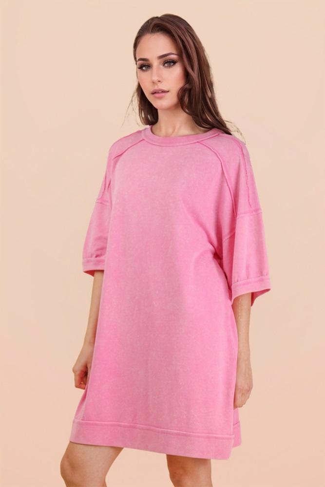 hot pink mineral wash french terry knit t-shirt dress