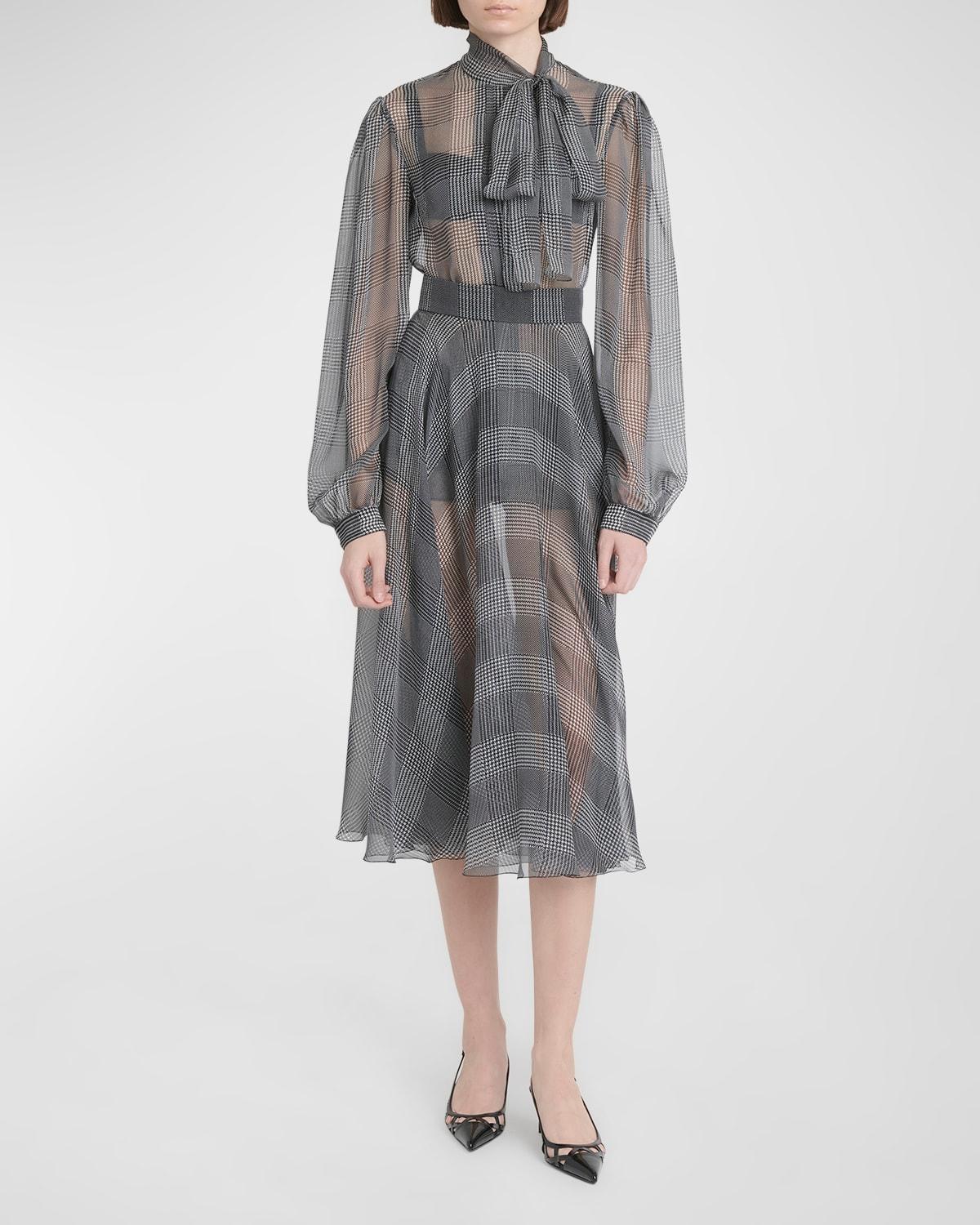 houndstooth check silk chiffon longuette skirt