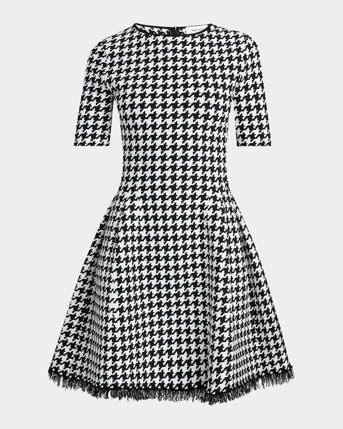 houndstooth fit-flare fringe knit mini dress