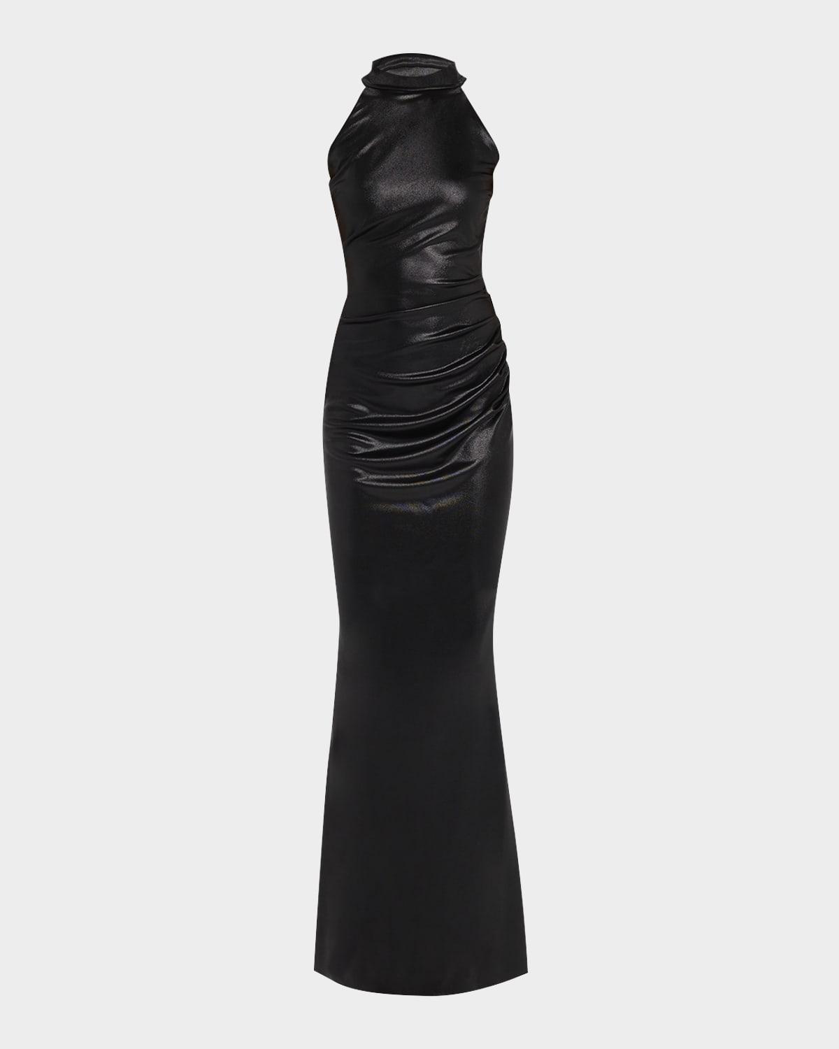 hudrix draped mock-neck halter column gown