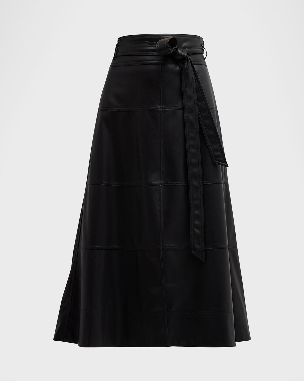 hudson faux leather belted tiered seam midi skirt