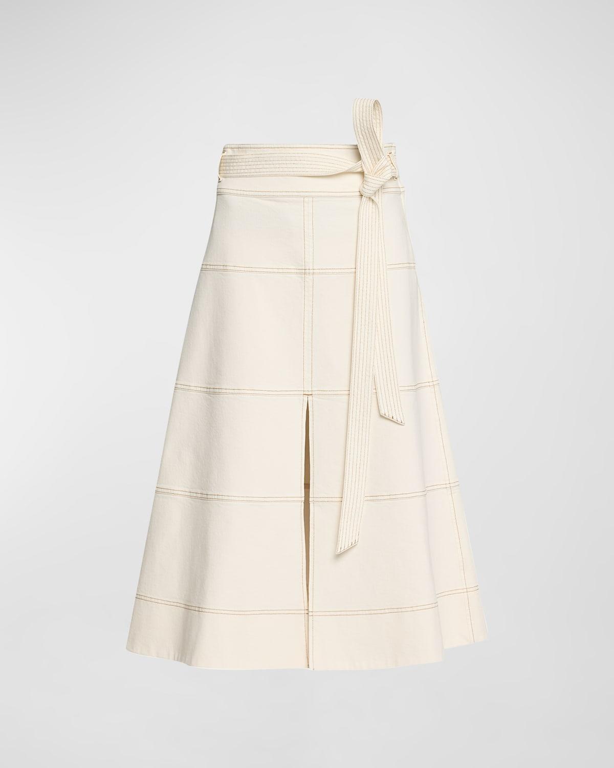 hudson high-waist belted denim midi skirt
