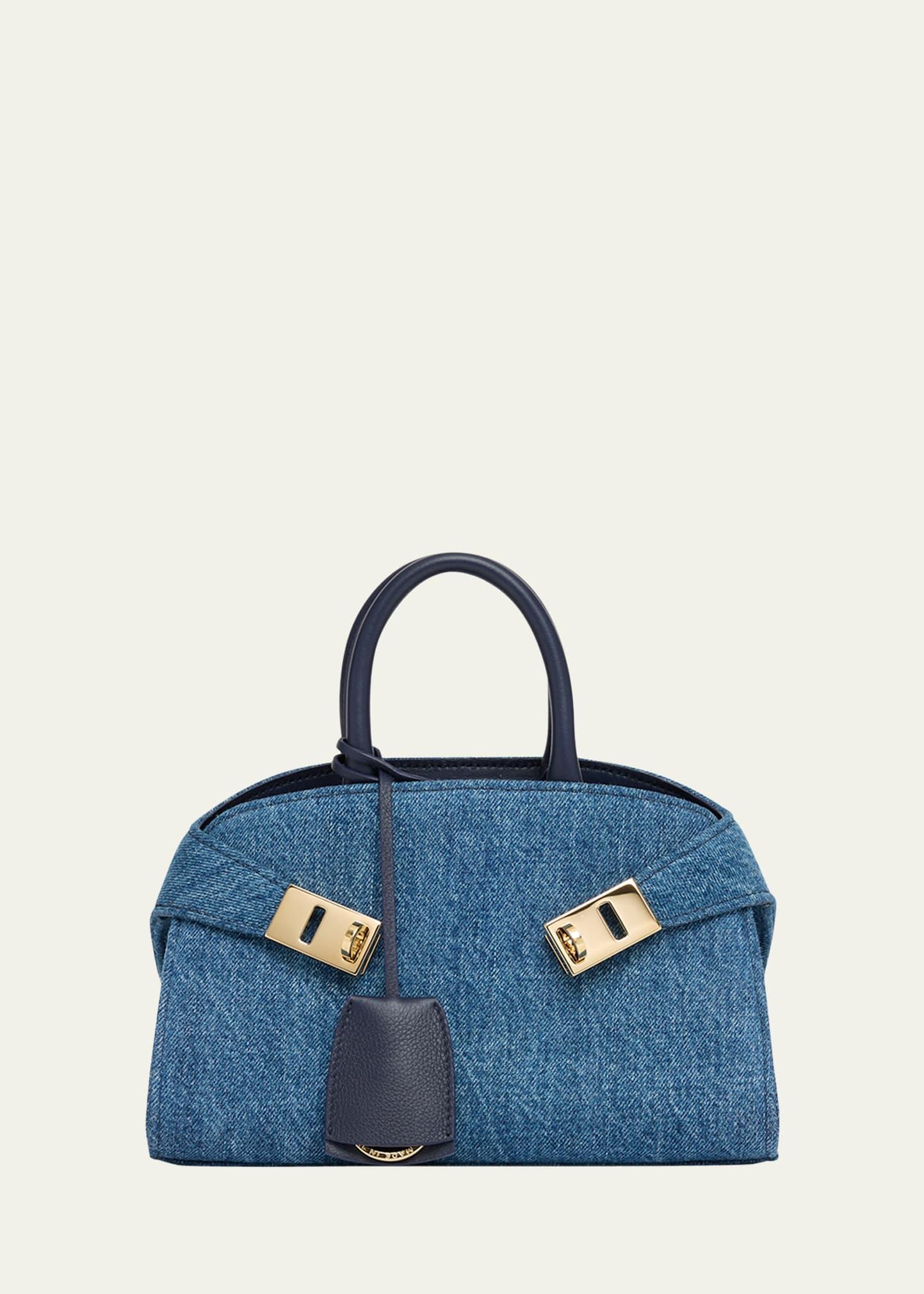 hug washed denim top-handle  bag