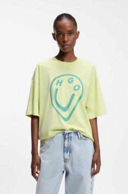 hugo cotton-jersey t-shirt with melted-effect happy print - green women's t-shirts