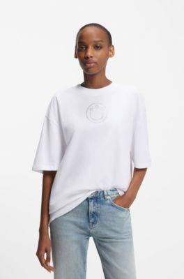 hugo cotton-jersey t-shirt with rhinestone happy - white women's t-shirts