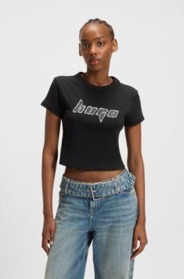 hugo cotton ringer t-shirt with artwork - black women's t-shirts