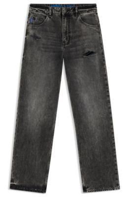 hugo distressed relaxed-fit jeans in rigid denim - dark grey women's pants