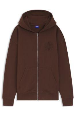 hugo embossed-logo zip-up hoodie in cotton terry - brown women's sweatshirts