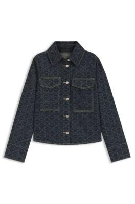 hugo geometric-print jacket in rigid denim - dark blue women's clothing