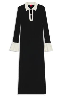 hugo knitted tube dress with logo keyhole placket - black women's knitted dresses