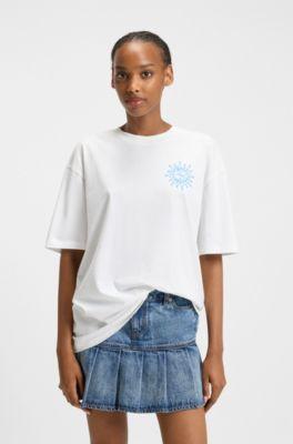 hugo logo-artwork t-shirt in cotton jersey - white women's t-shirts
