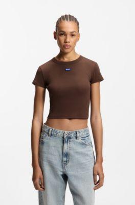 hugo logo-badge slim-fit t-shirt in stretch cotton - brown women's t-shirts