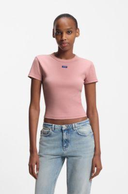 hugo logo-badge slim-fit t-shirt in stretch cotton - light pink women's t-shirts