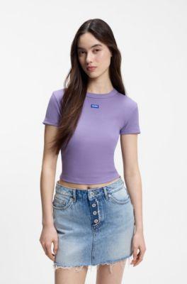 hugo logo-badge slim-fit t-shirt in stretch cotton - purple women's t-shirts