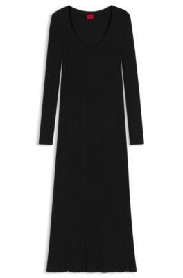 hugo midi dress with irregular rib - black women's knitted dresses