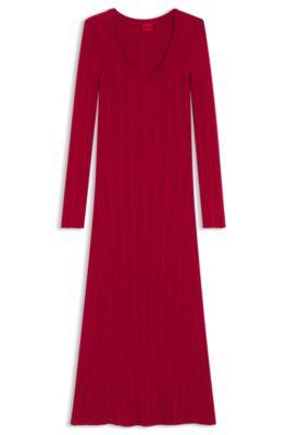 hugo midi dress with irregular rib - red women's knitted dresses size m