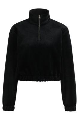 hugo relaxed-fit zip-neck sweatshirt in stretch velvet - black women's sweatshirts