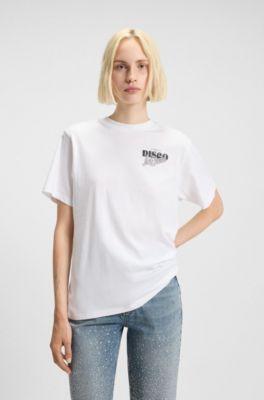 hugo rhinestone-artwork t-shirt in cotton jersey - white women's t-shirts