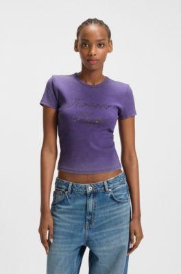 hugo rhinestone-logo slim-fit t-shirt in stretch cotton - purple women's t-shirts