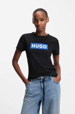 hugo slim-fit t-shirt in cotton with blue boxed logo - black women's t-shirts