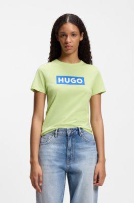 hugo slim-fit t-shirt in cotton with blue boxed logo - green women's t-shirts