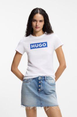 hugo slim-fit t-shirt in cotton with blue boxed logo - white women's t-shirts