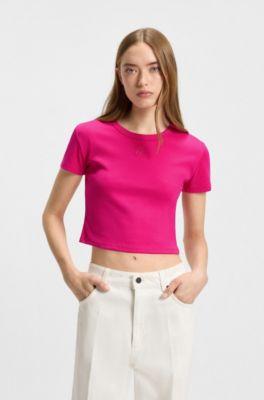 hugo stacked-logo cropped slim-fit t-shirt in a cotton blend - pink women's t-shirts
